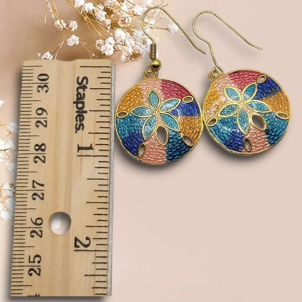 Vintage Cloisonne Hand Painted Enamel Brass Earrings Pierced Dangle Sand Dollars